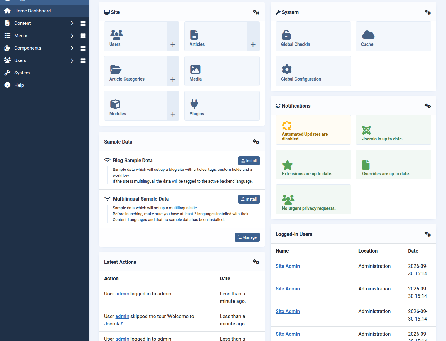 Sample data option in Joomla 6