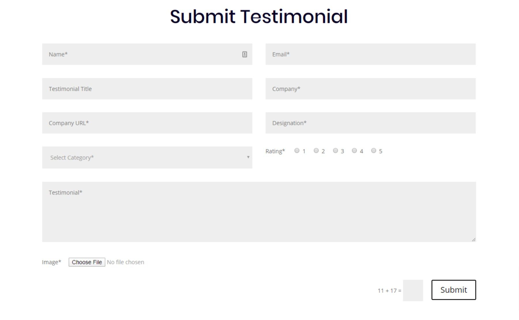 A "submit testimonial" form.