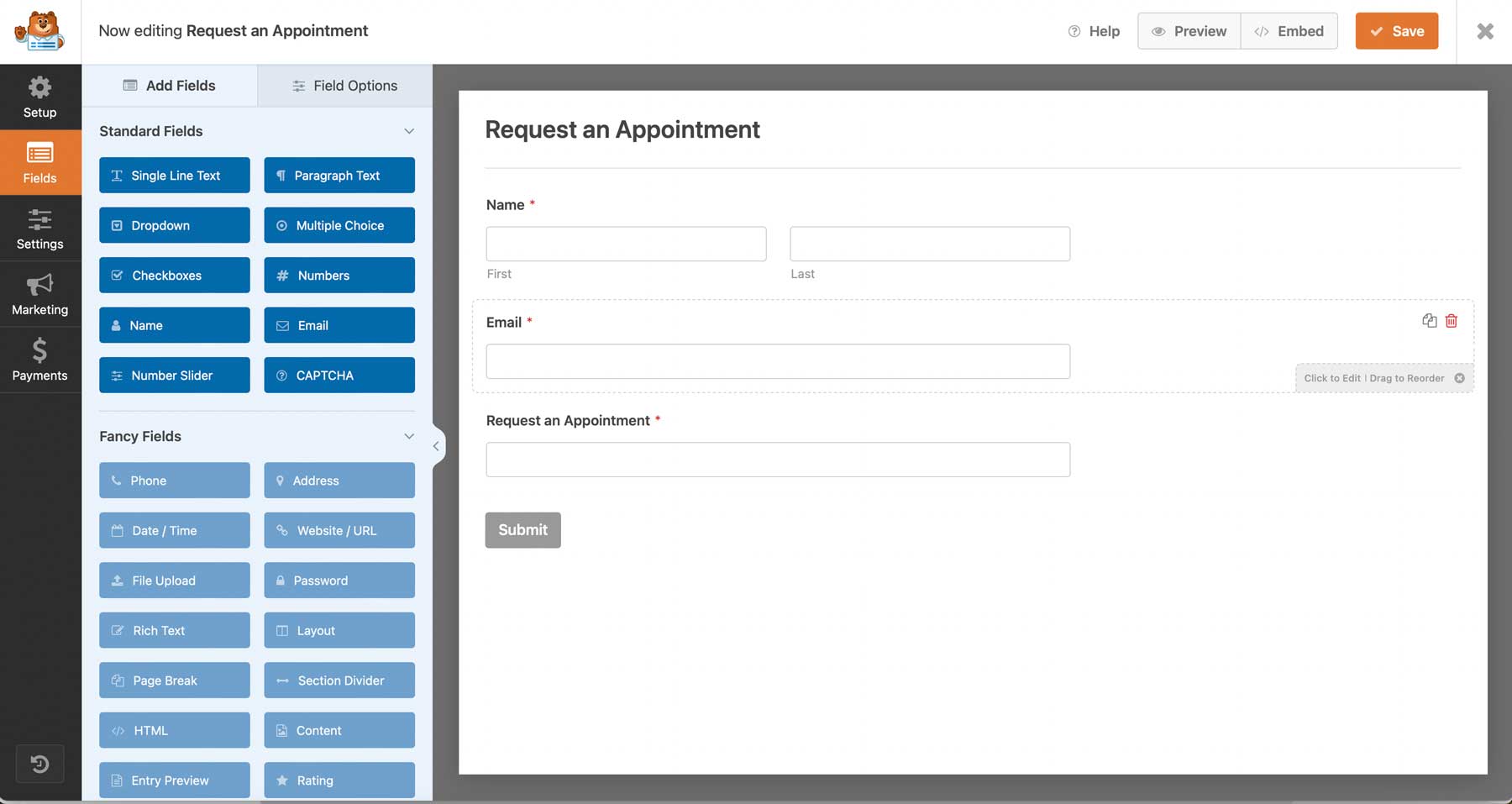 The WPForms form builder interface