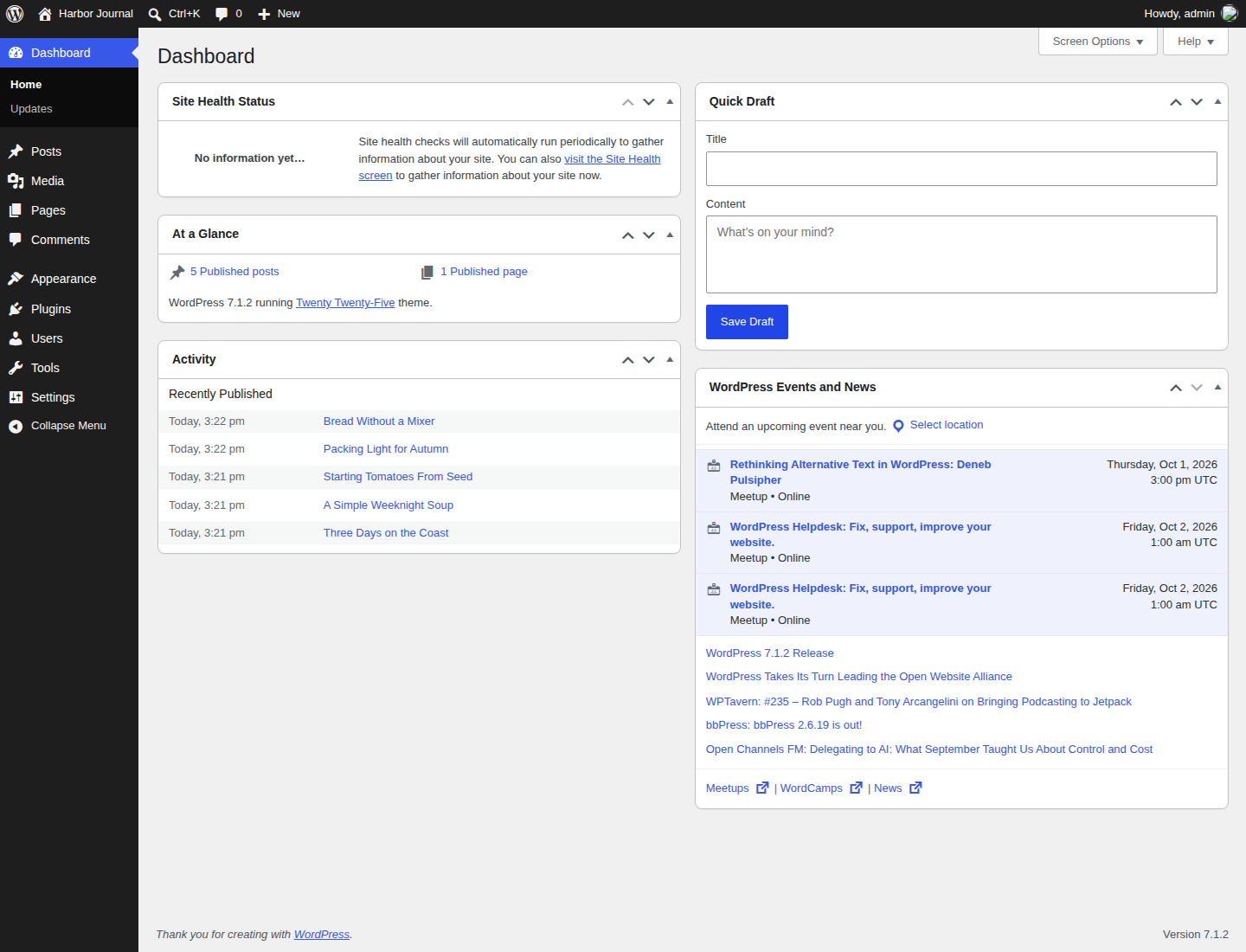 WordPress 7.1 dashboard