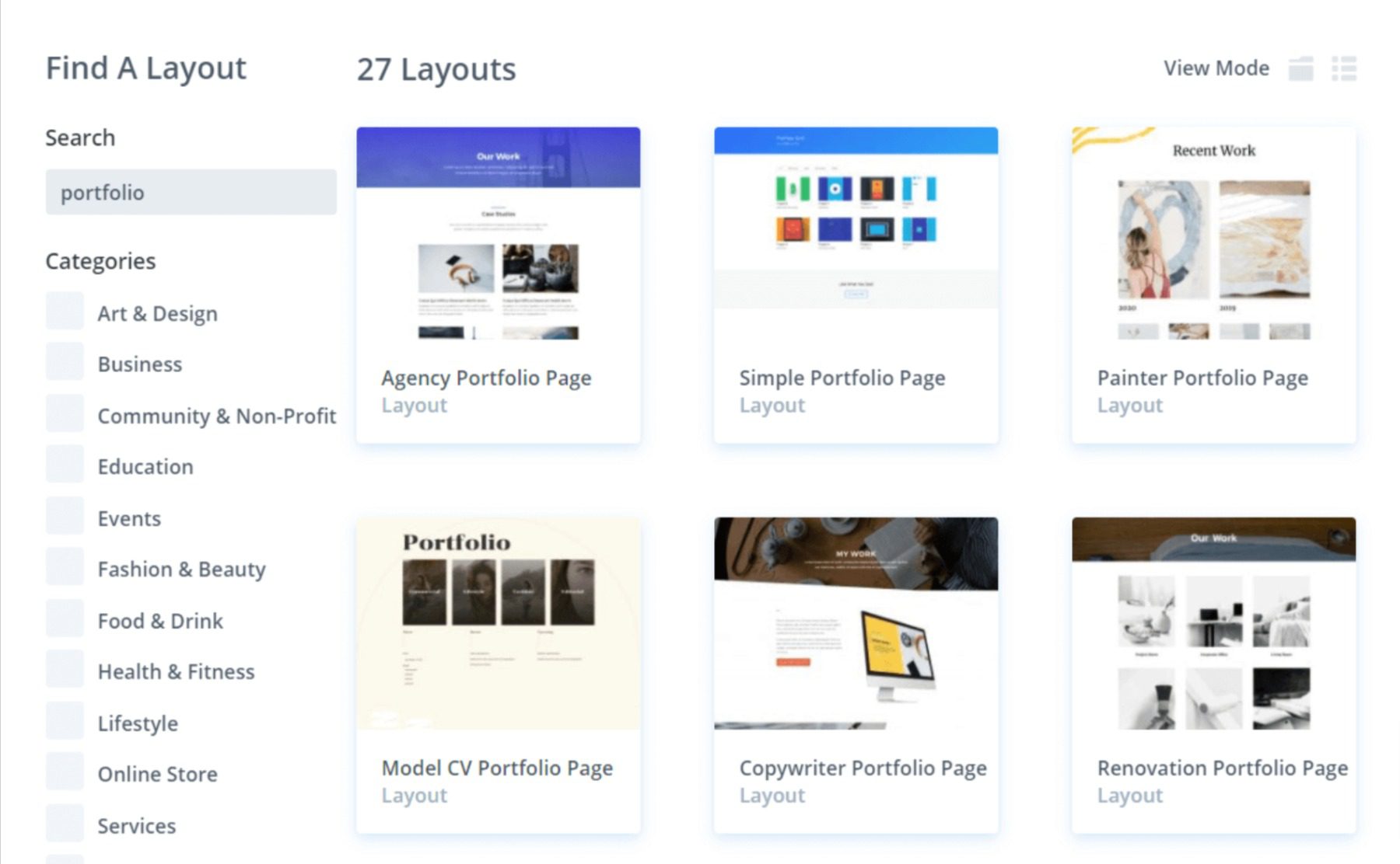 Several examples of Divi portfolio templates