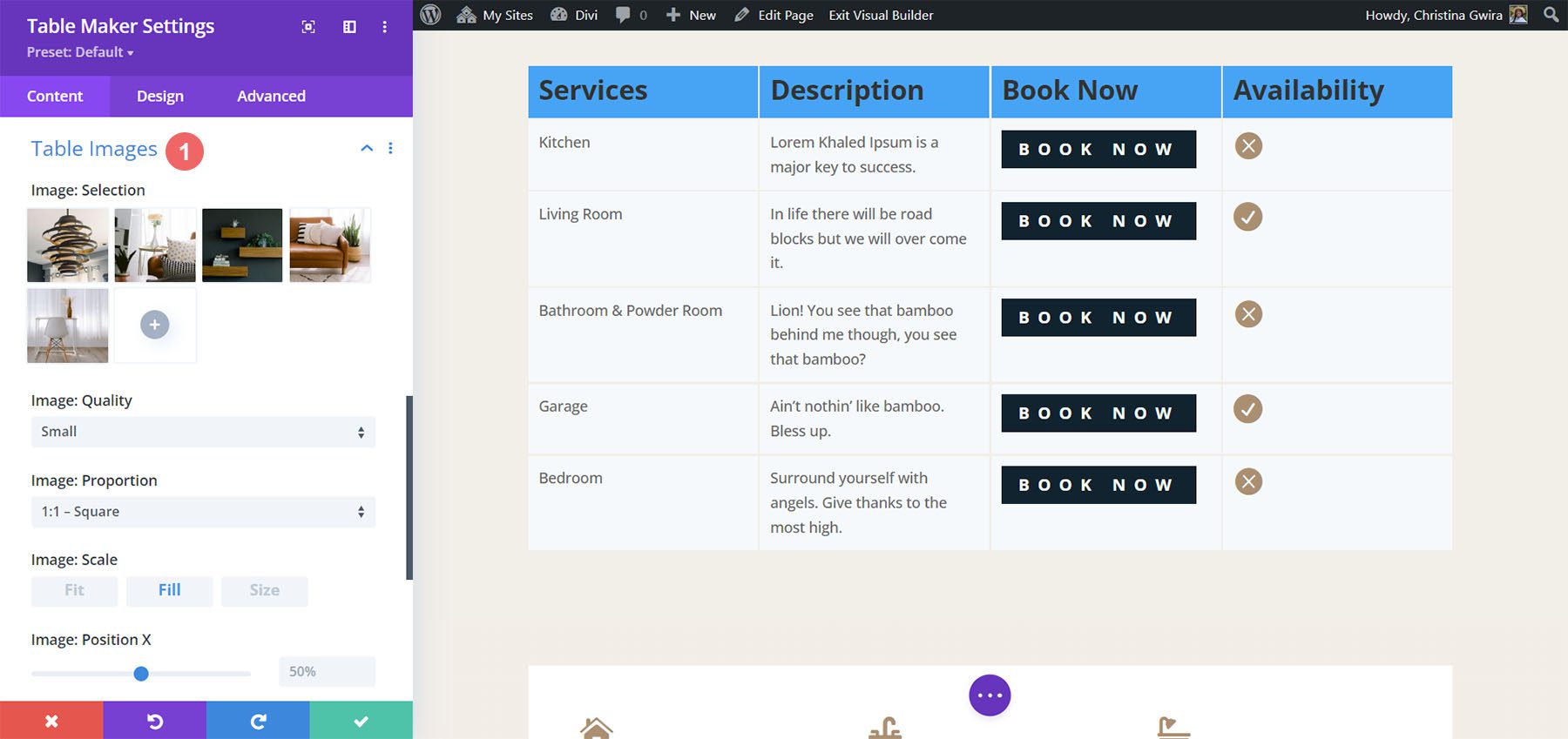 Adding table images with Divi Table Maker