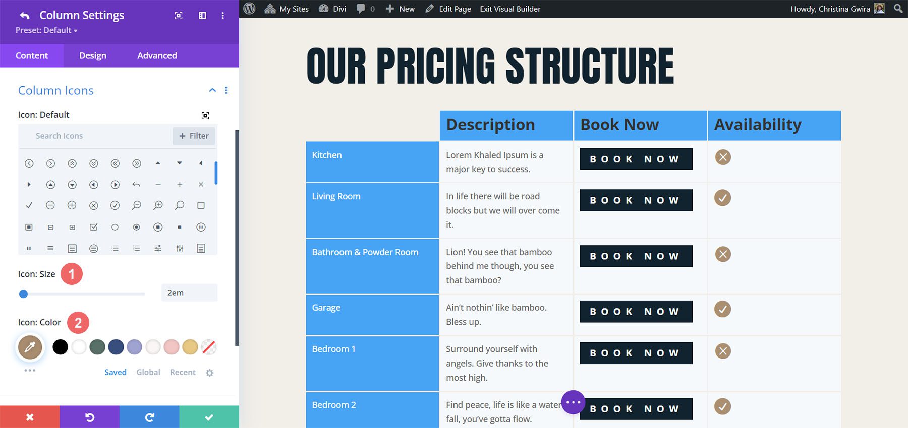 Customize icons in Divi Table Maker