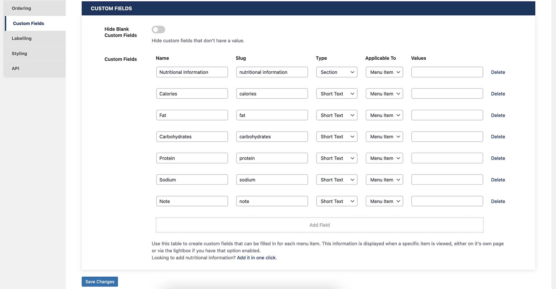 Five Star Restaurant Menu Plugin Custom Fields Dashboard