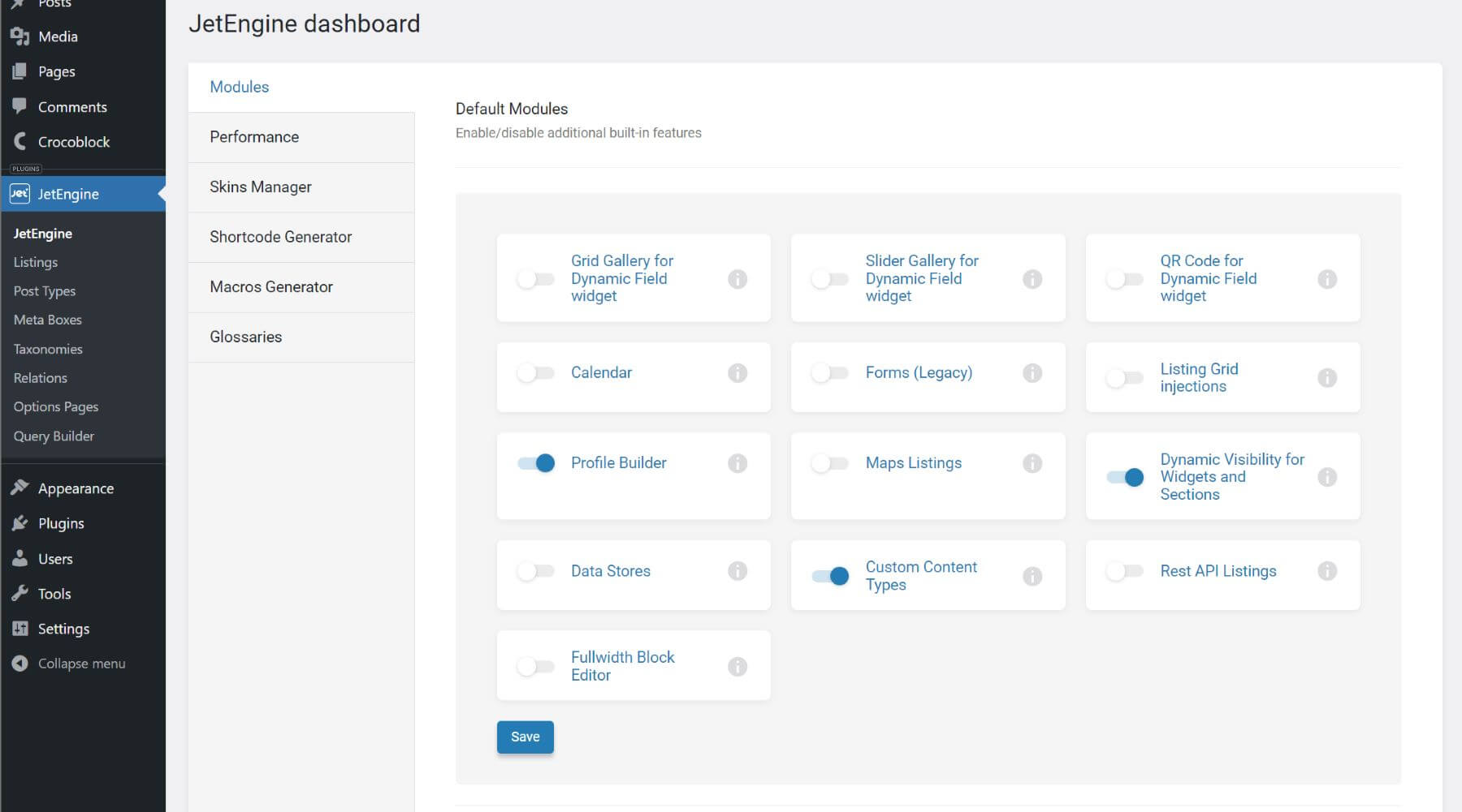 JetEngine Plugin Modules Dashboard