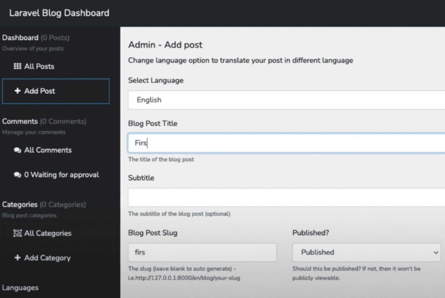 The Laravel Blog dashboard