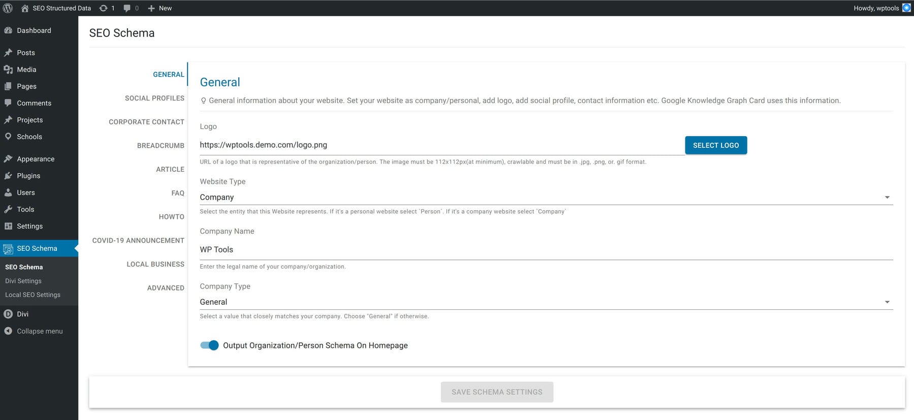 schema settings for divi schema plugin