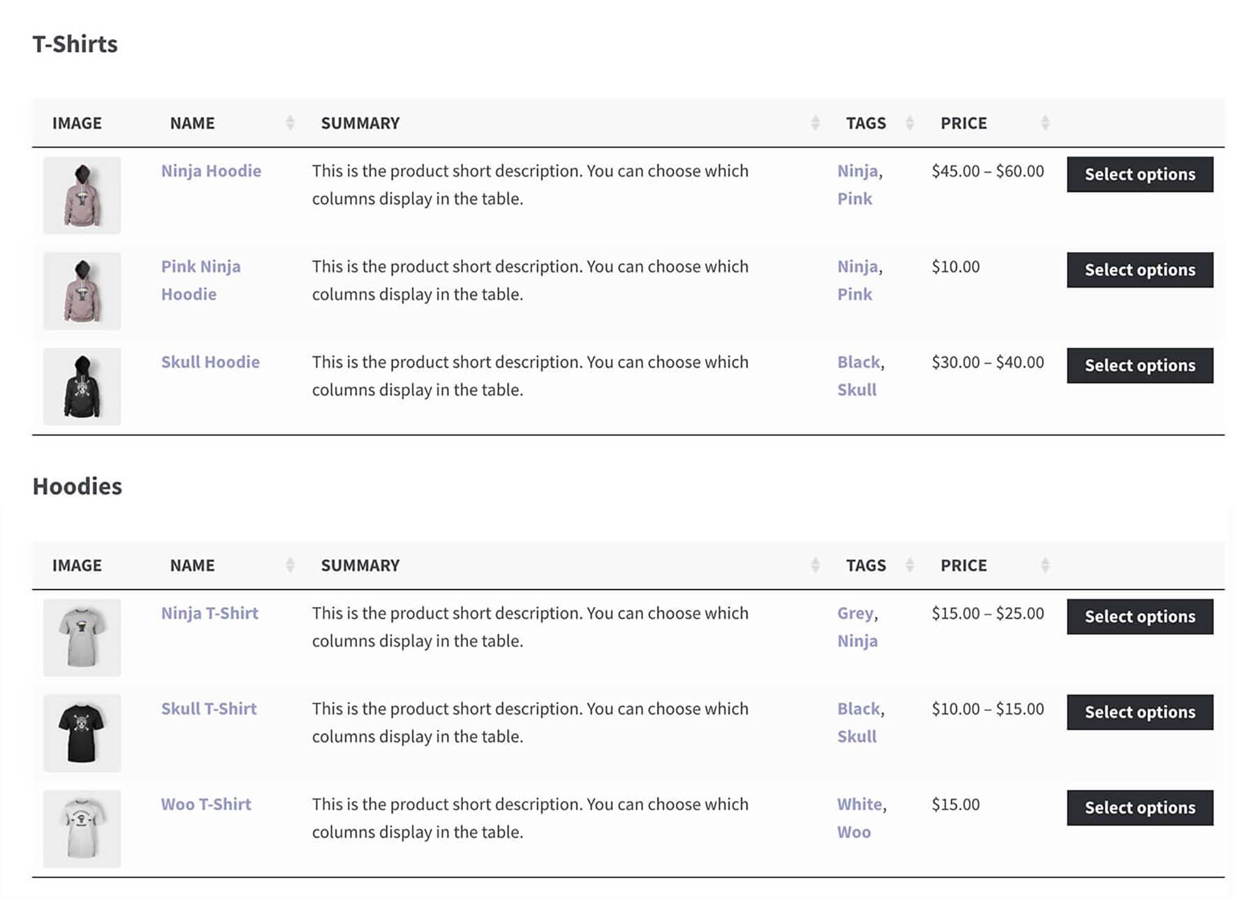 WooCommerce Product Table Specific Product categories