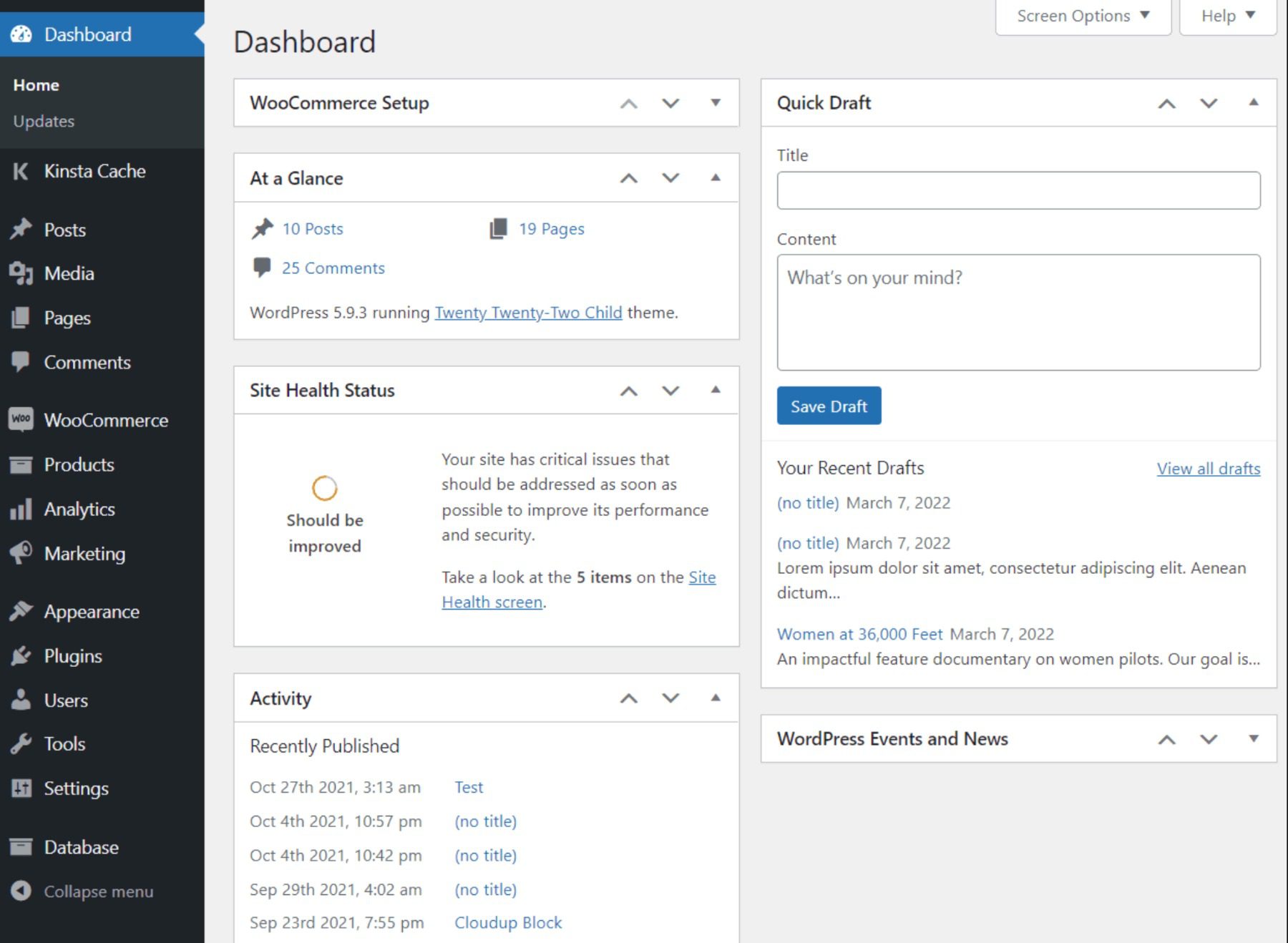 WordPress dashboard