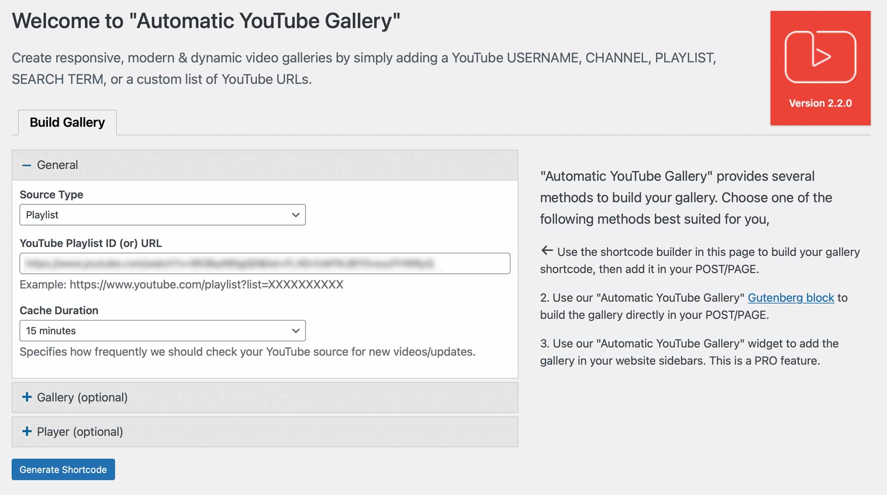 Automatic YouTube Gallery settings