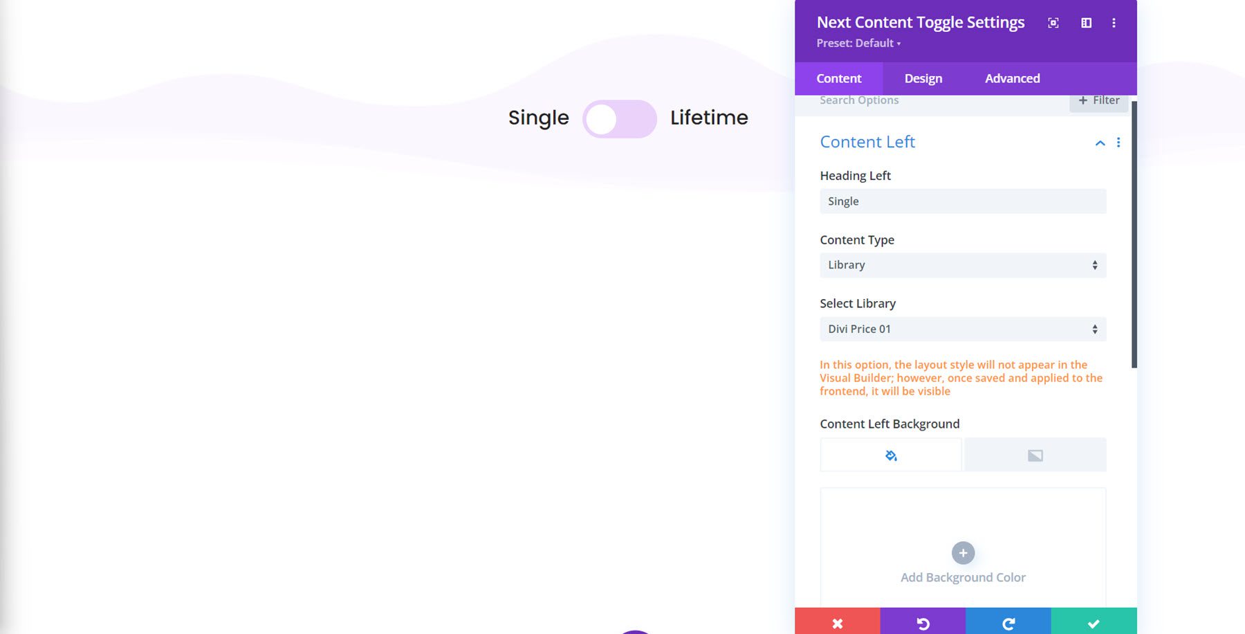 Divi Essential Content Toggle Settings