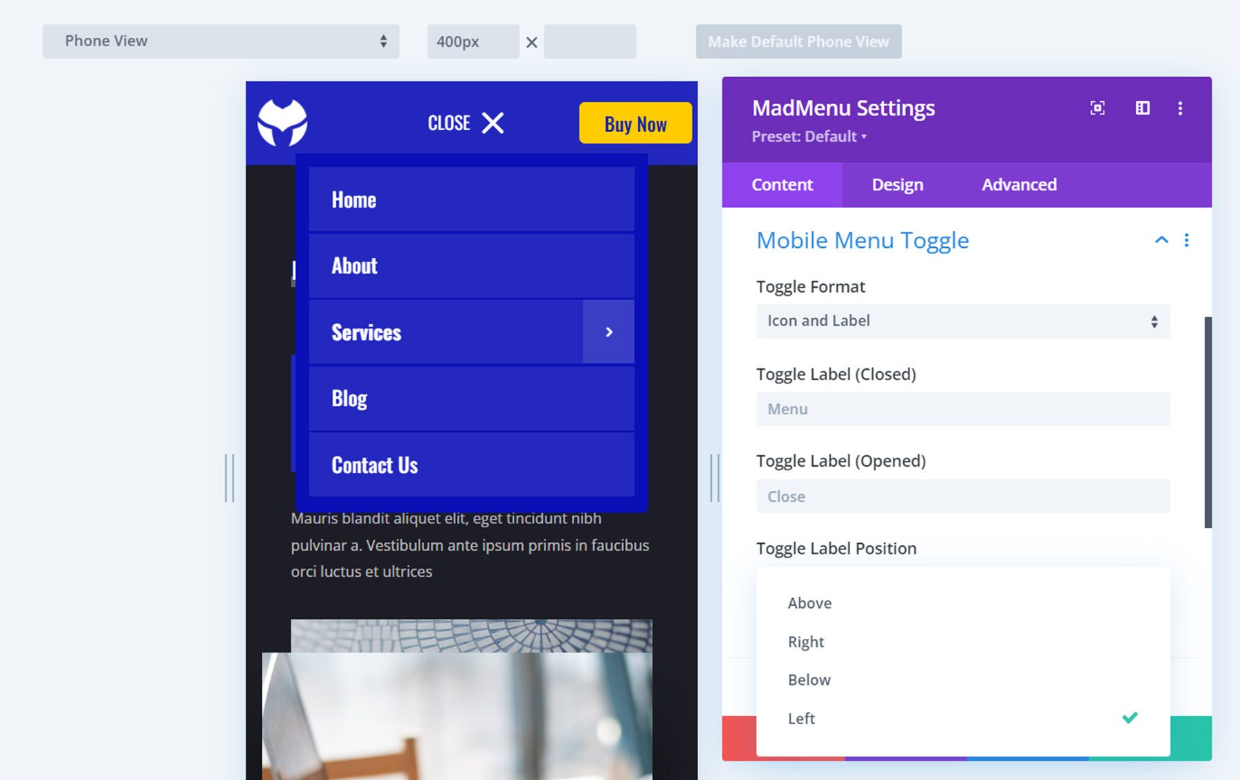 Divi MadMenu Mobile Menu Toggle Settings