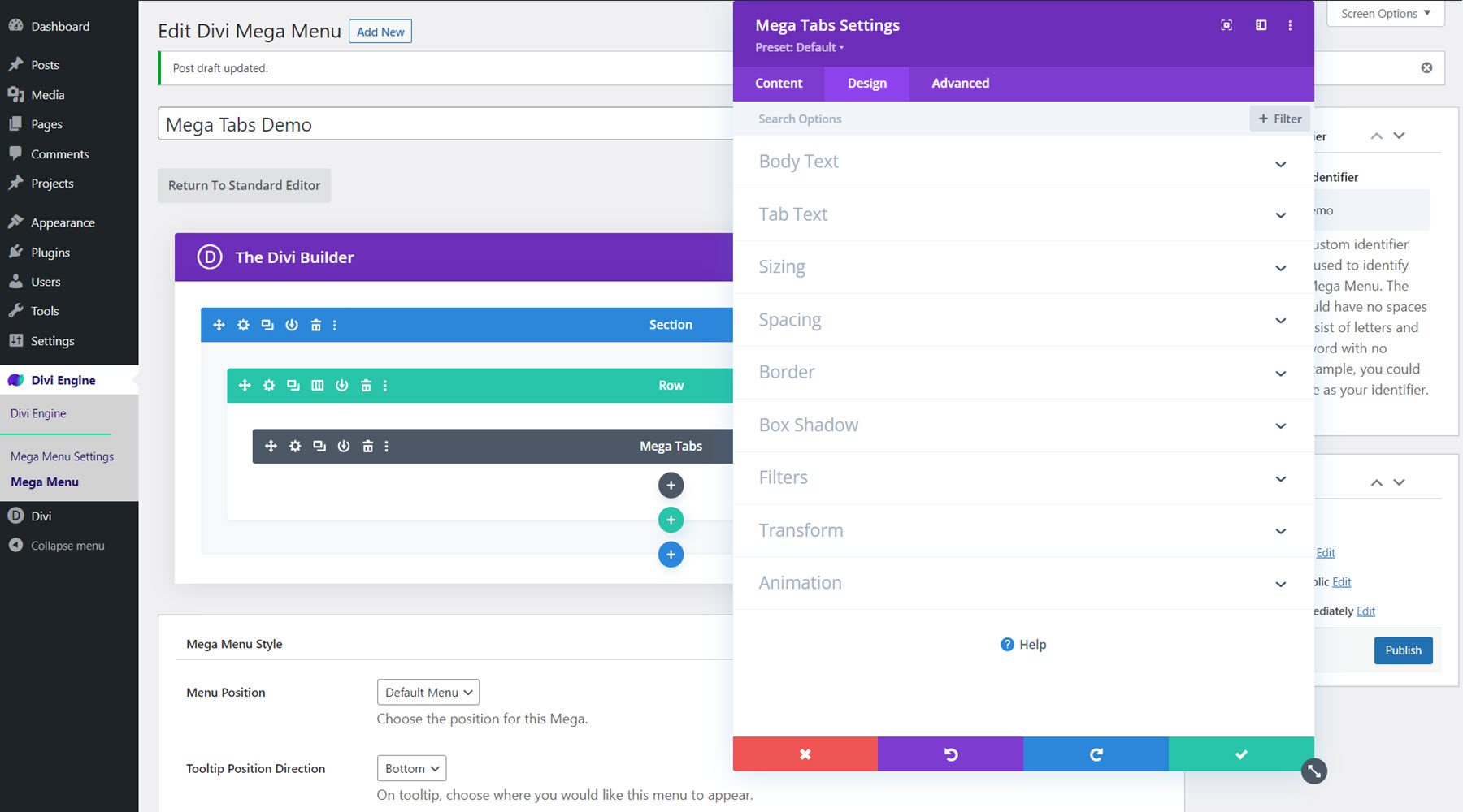 Divi Mega Menu Mega Tabs Design Settings