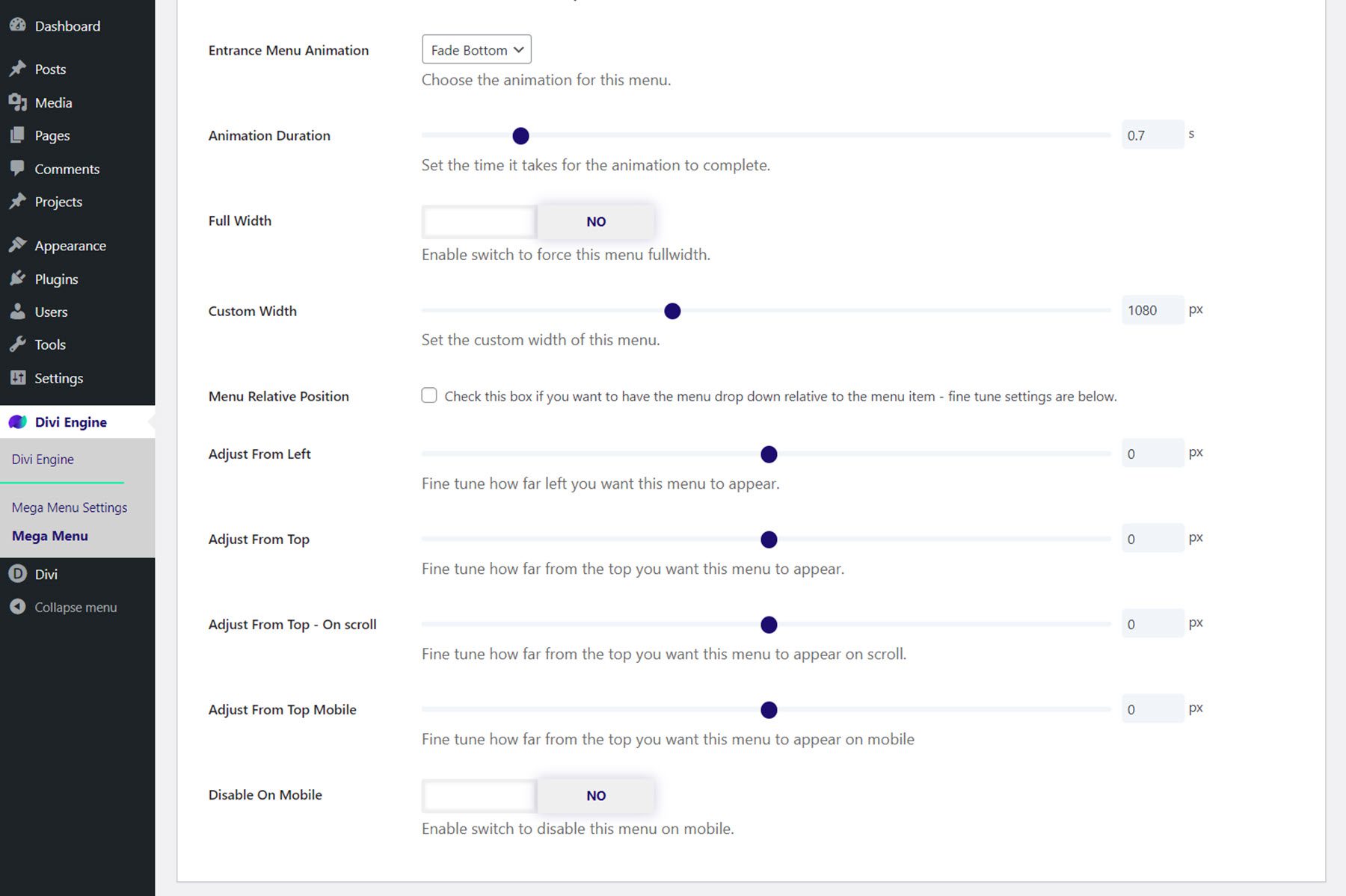 Divi Mega Menu Style Settings