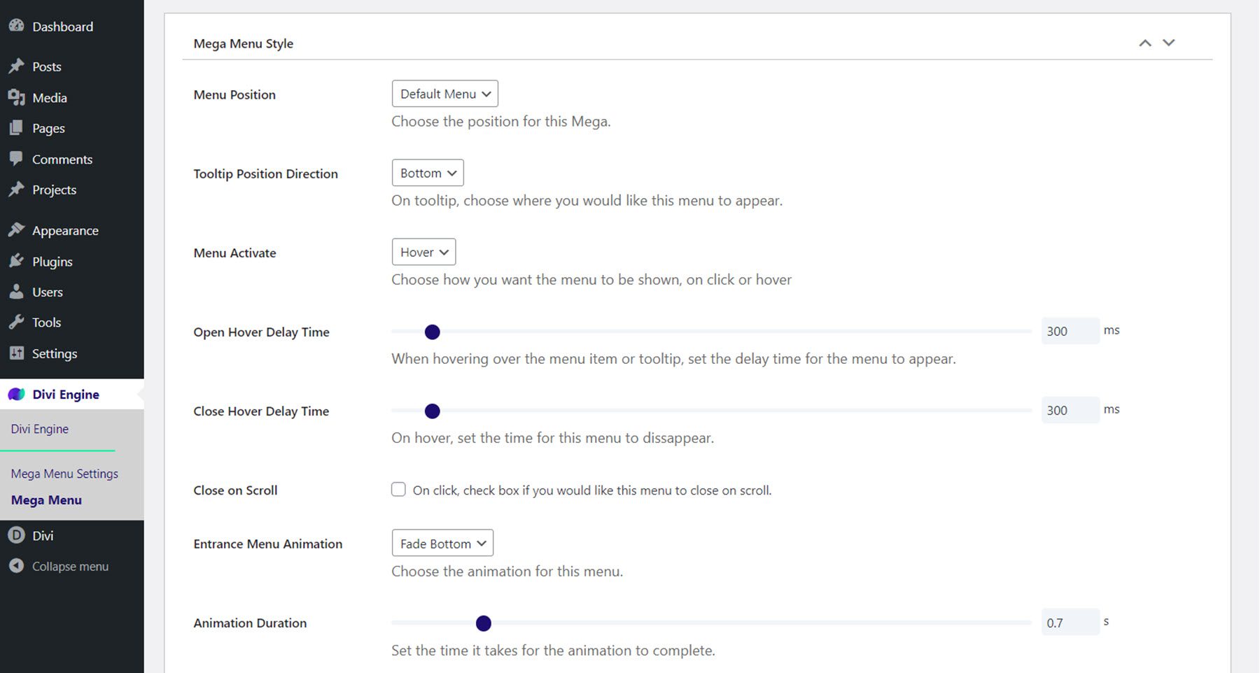 Divi Mega Menu Style Settings