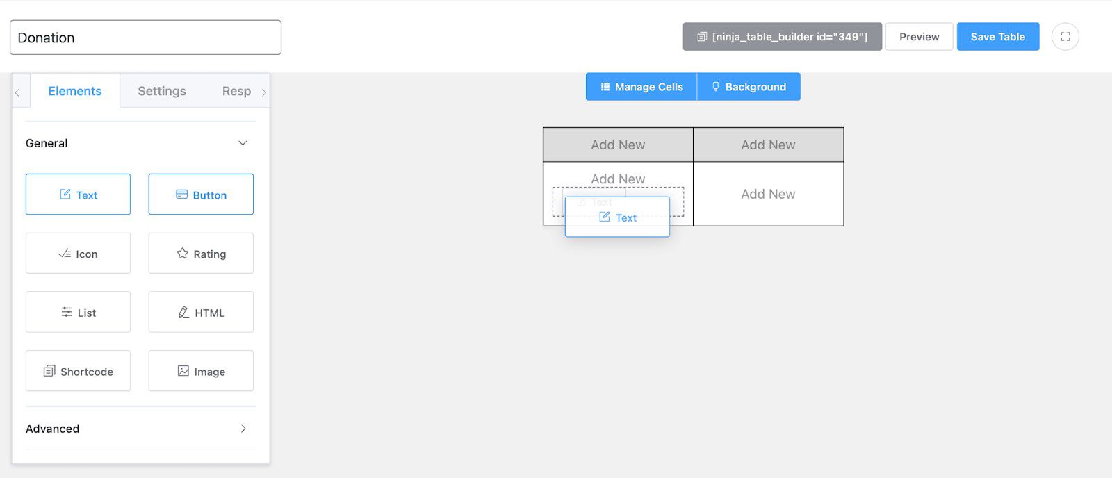 Ninja Tables Drag and Drop Builder