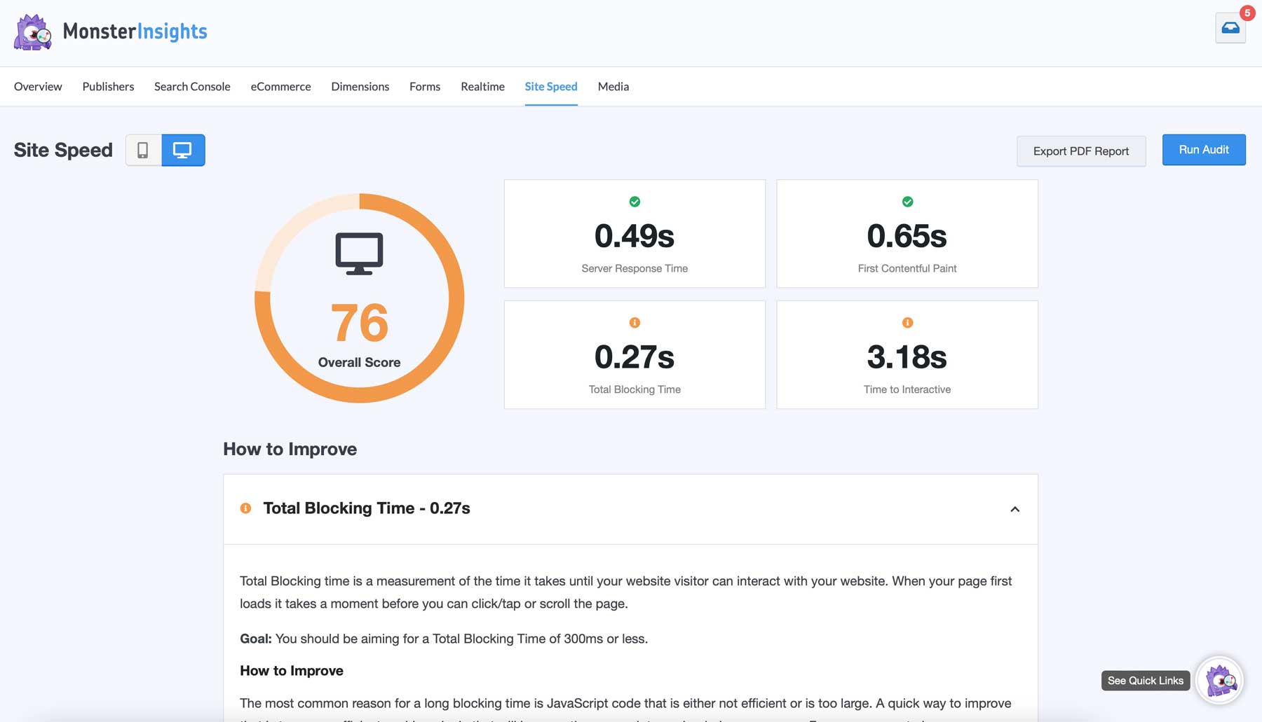 MonsterInsights page speed analysis