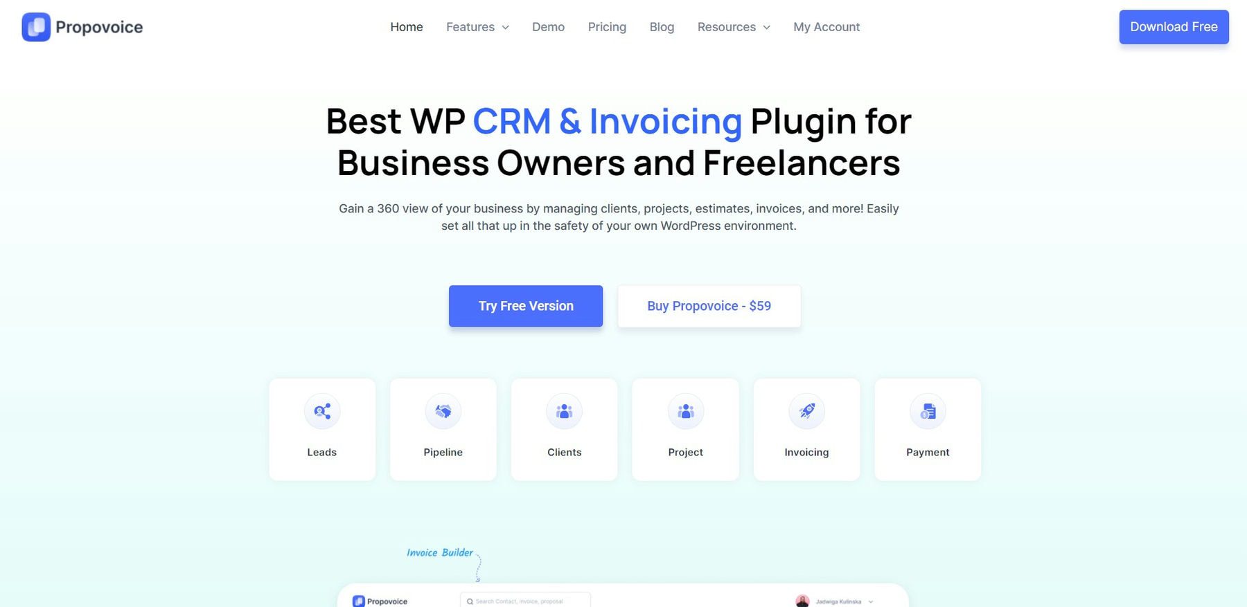 Propovoice Invoicing CRM Plugin Homepage Feb 2023