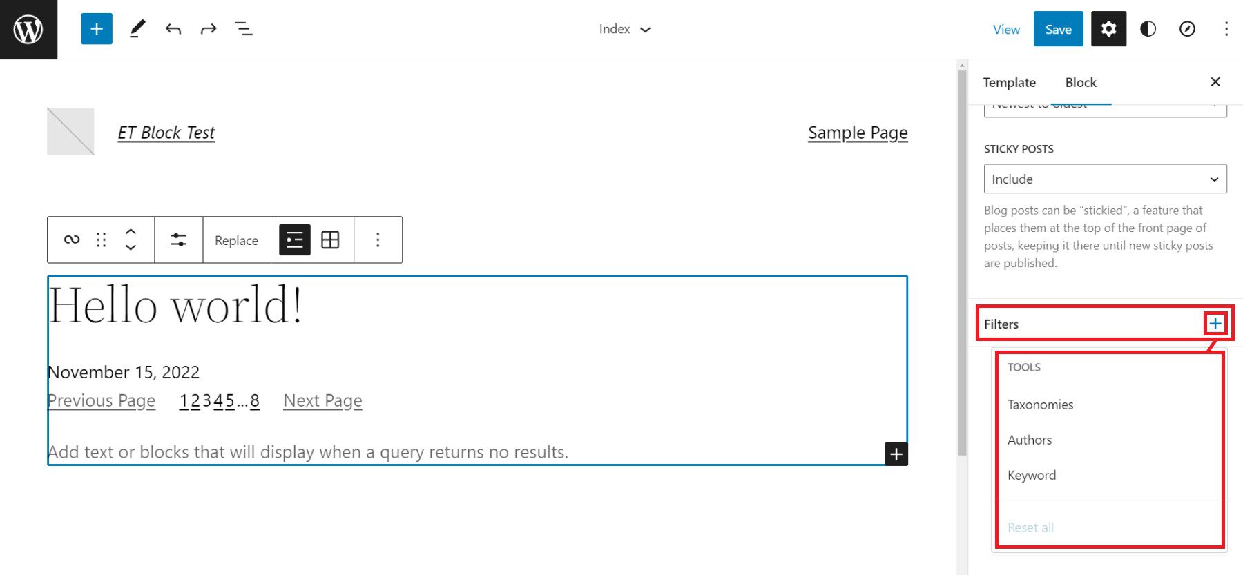 Query Loop Sidebar Settings - Query Filters