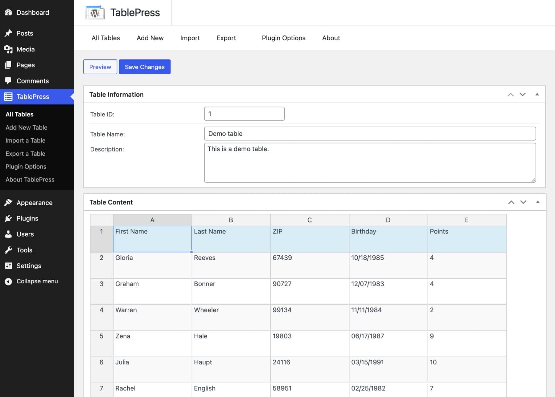 TablePress Editing Table UI