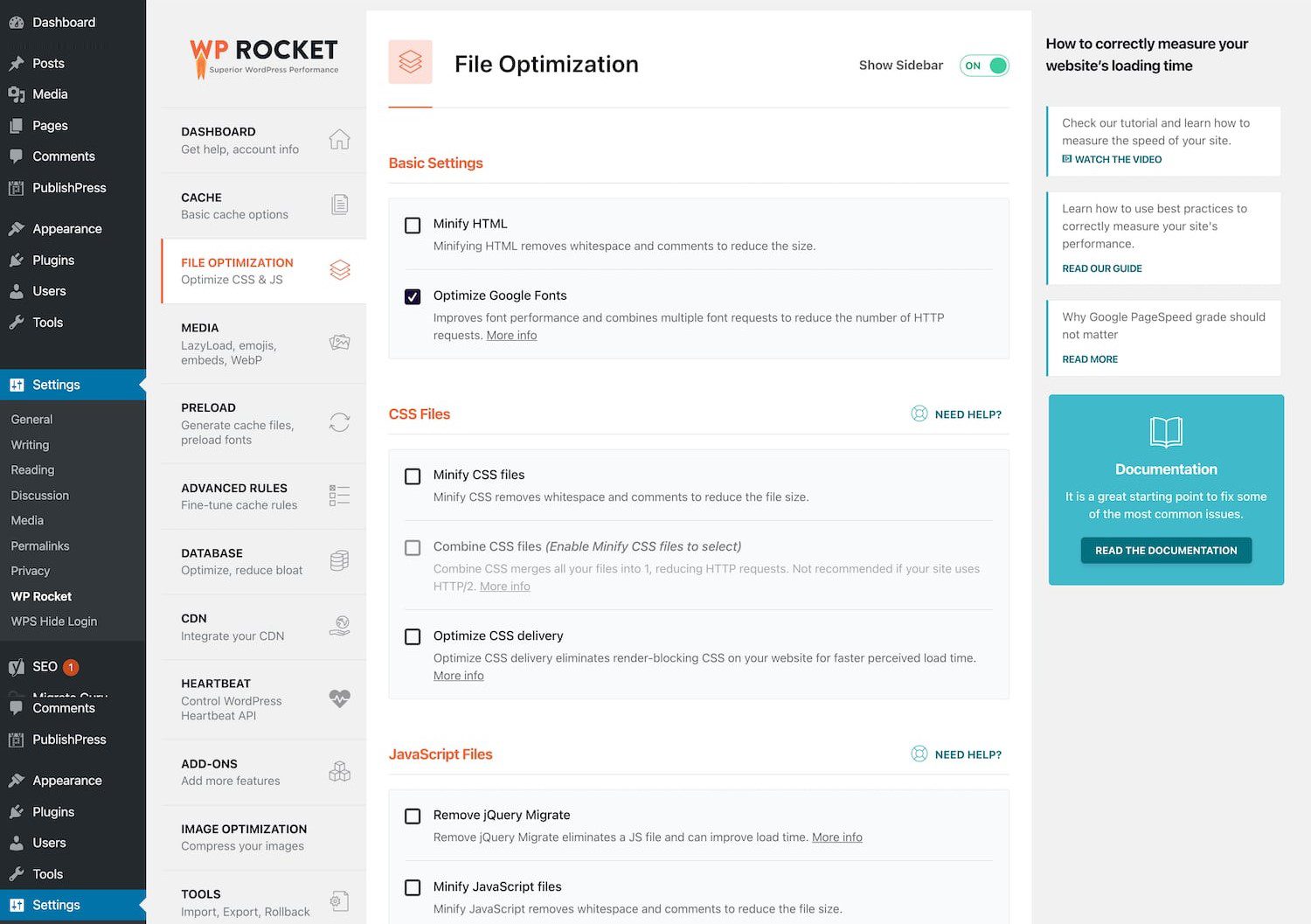 WP Rocket File Optimization for CSS JS and HTML