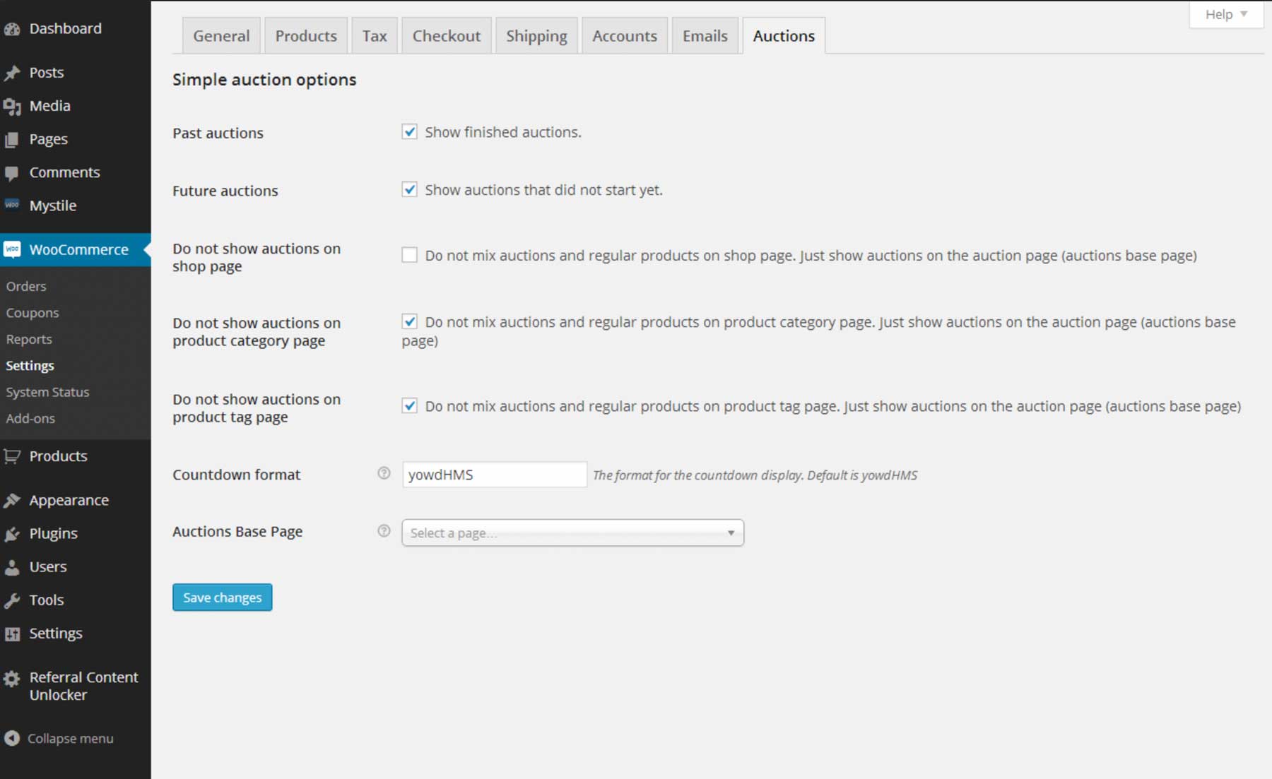 WooCommerce Simple Auction settings