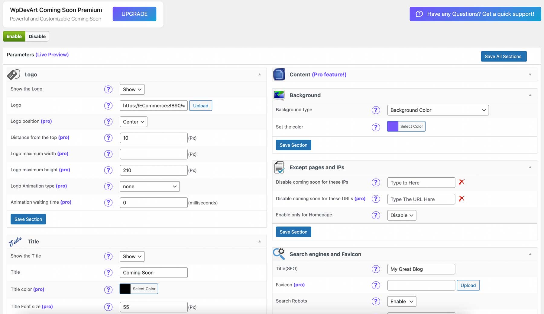 WpDevArt coming soon settings