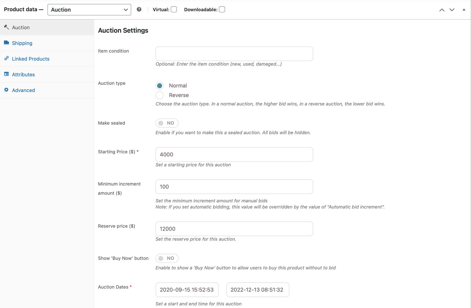 Yith auction settings