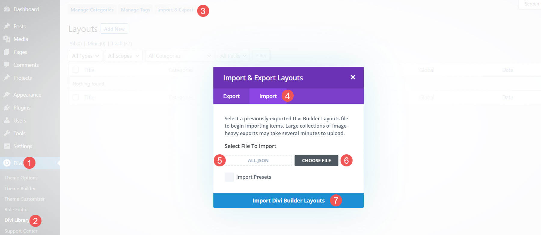 Uploading Divi Footers Pack Layouts