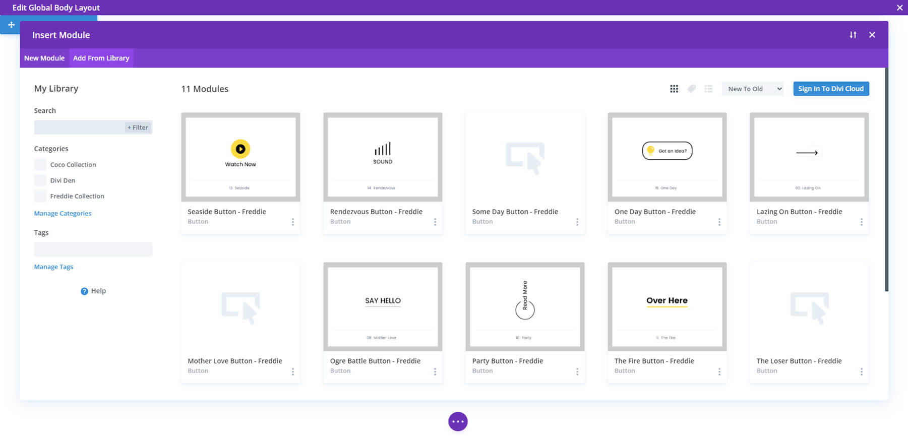 Divi Den Pro Layout Library in the Divi Theme Builder