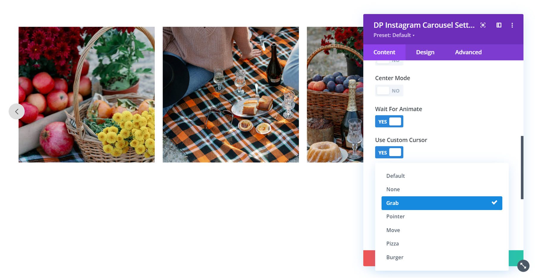 Divi Social Plus Instagram Carousel Custom Cursor