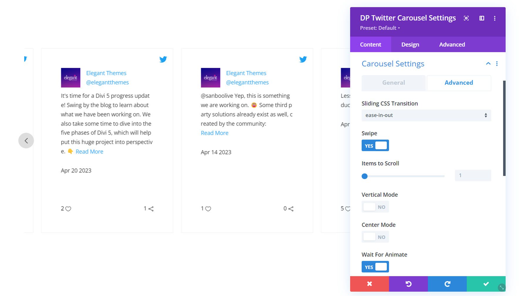 Divi Social Plus Twitter Carousel Advanced Carousel Settings