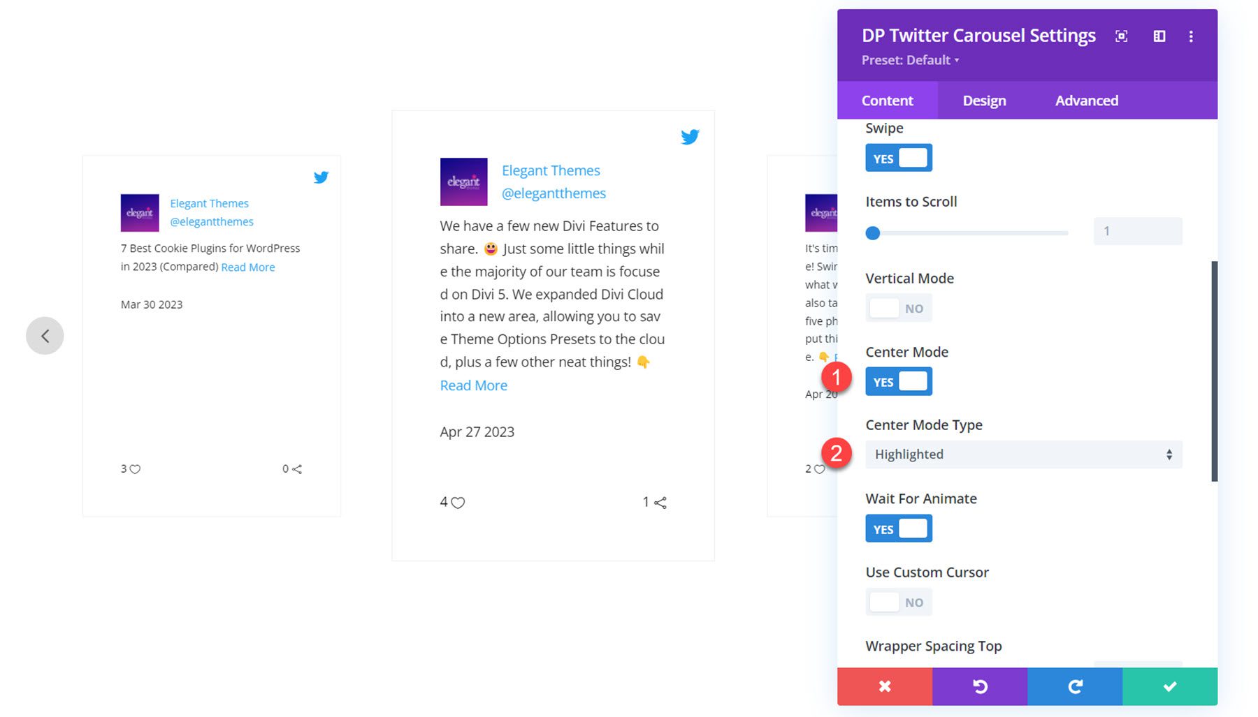 Divi Social Plus Twitter Carousel Center Mode