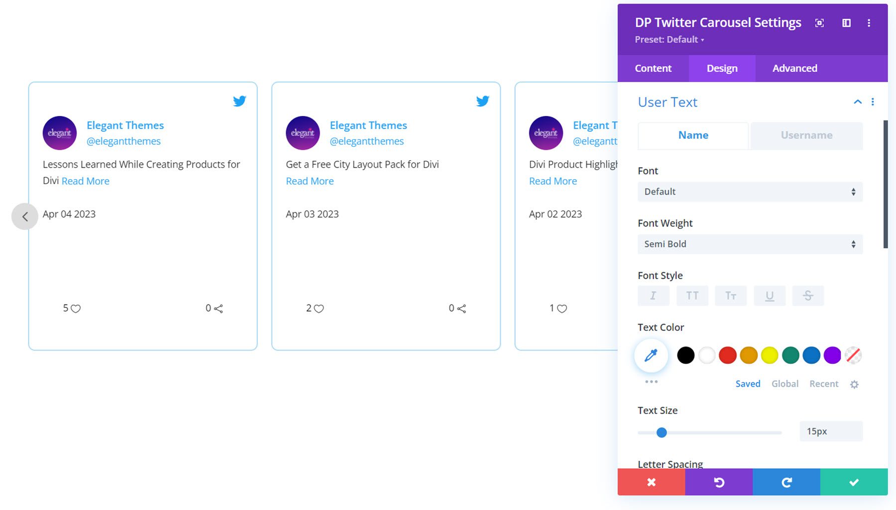 Divi Social Plus Twitter Carousel User Text