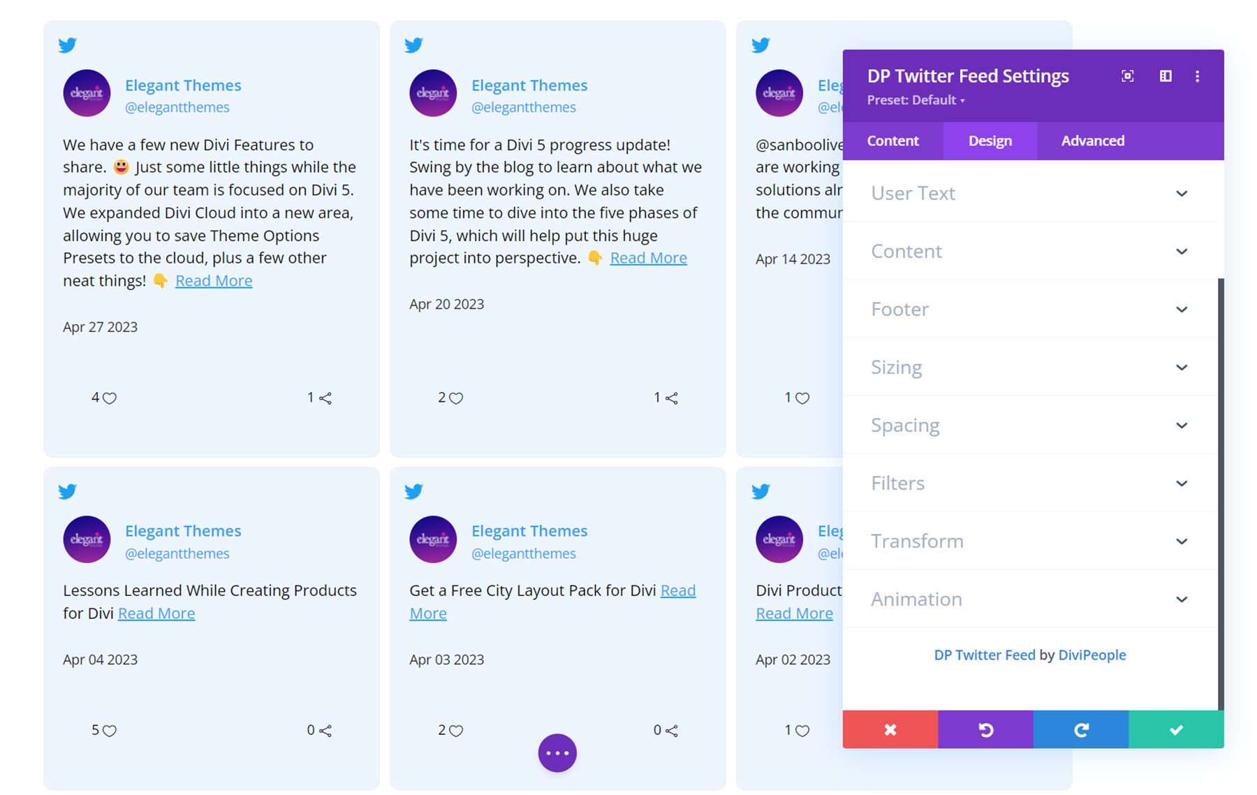 Divi Social Plus Twitter Feed Design Settings