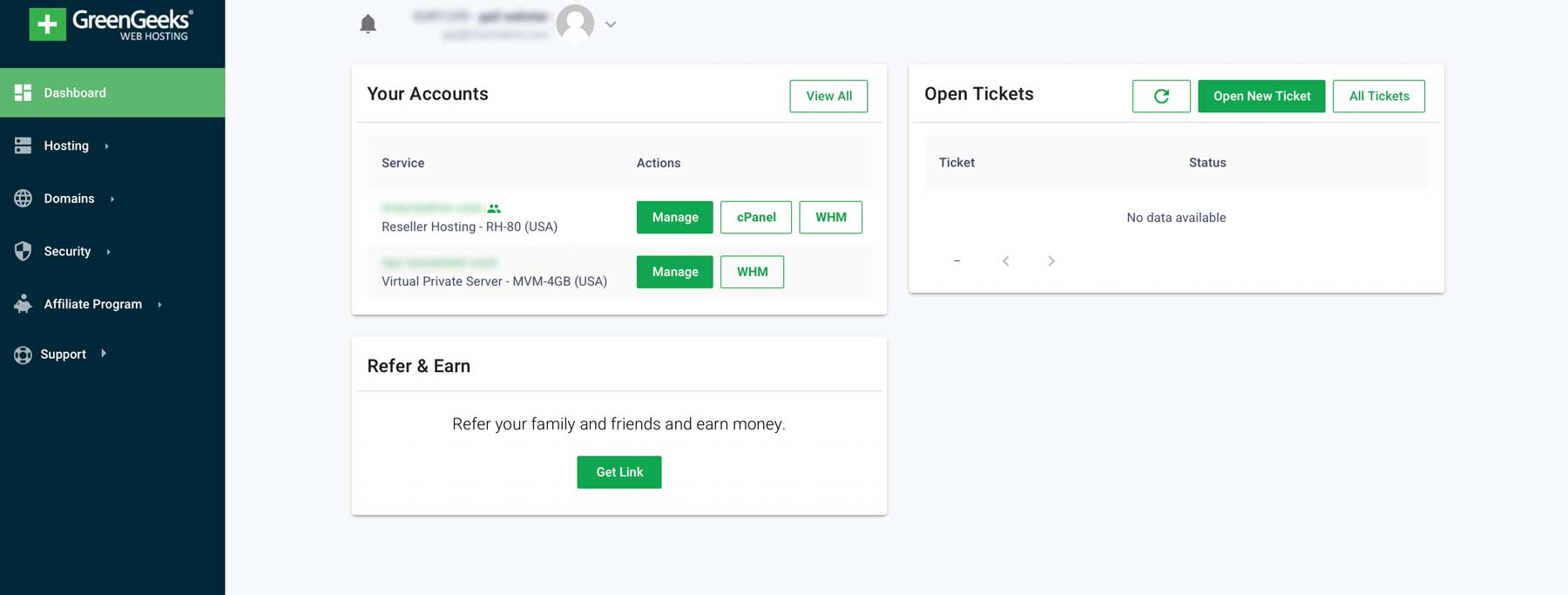 Green Geeks dashboard