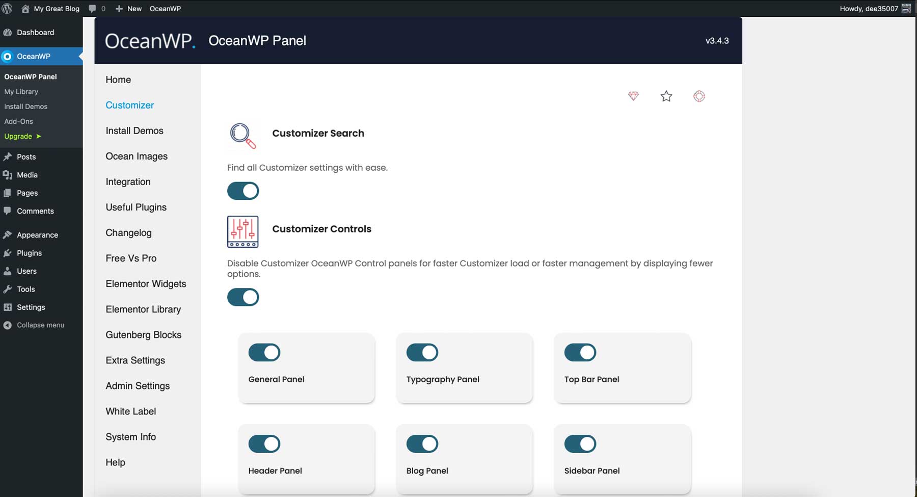 OceanWP Extra control panel