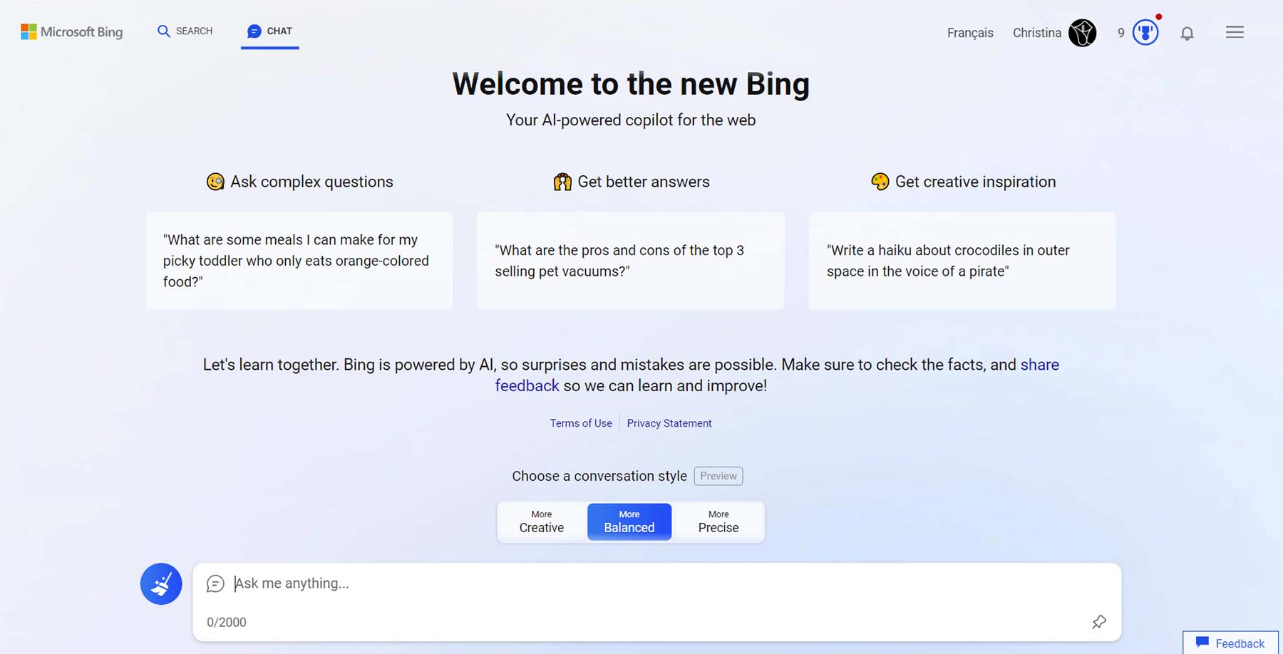 Interface de IA do Bing