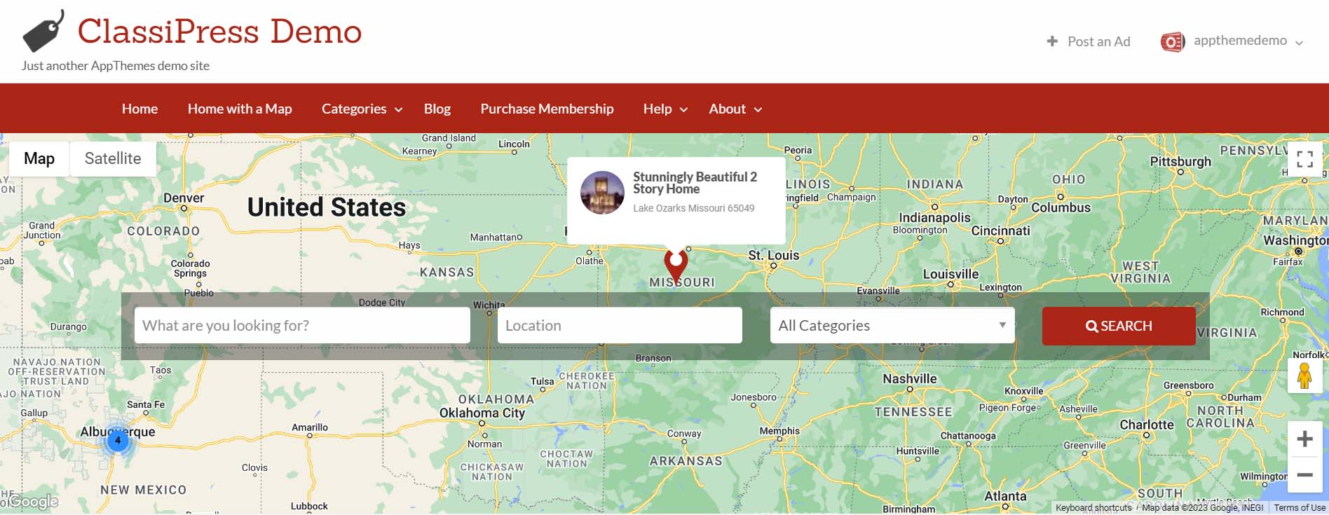 Classipress active homepage map with live listings