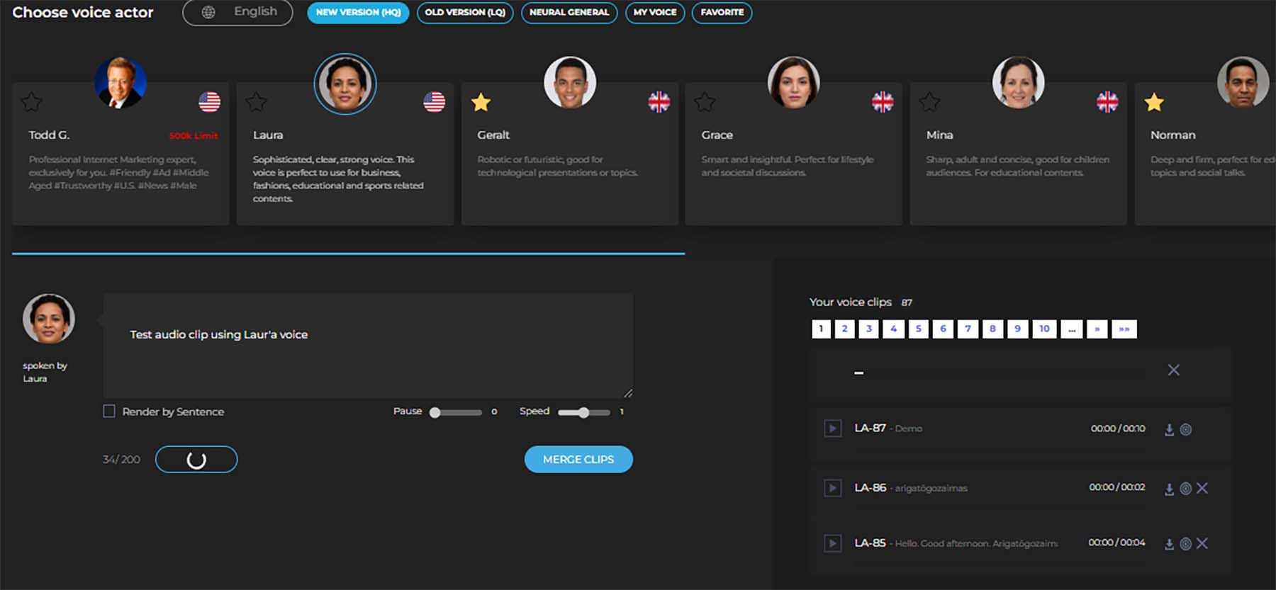 Synthesys AI voice generator dashboard