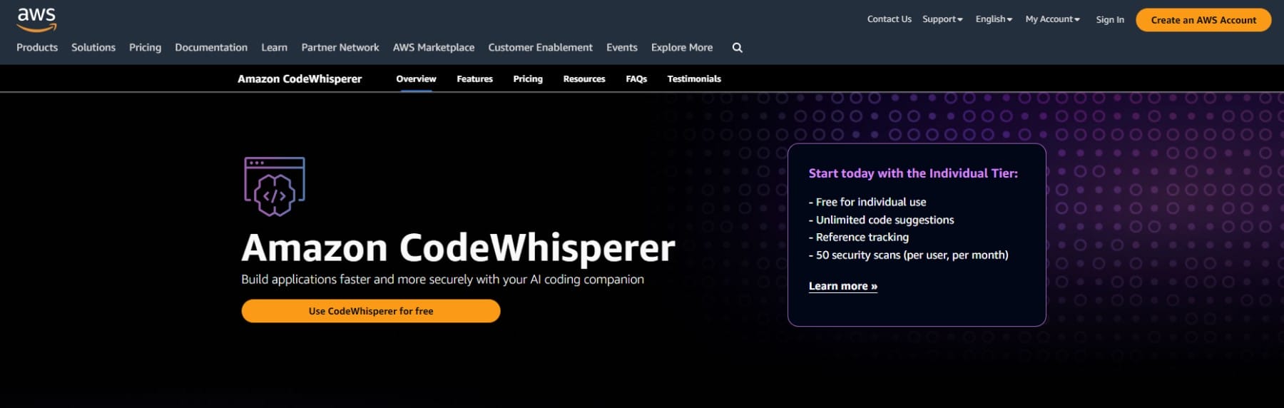 Amazon CodeWhisperer - Página inicial maio de 2023