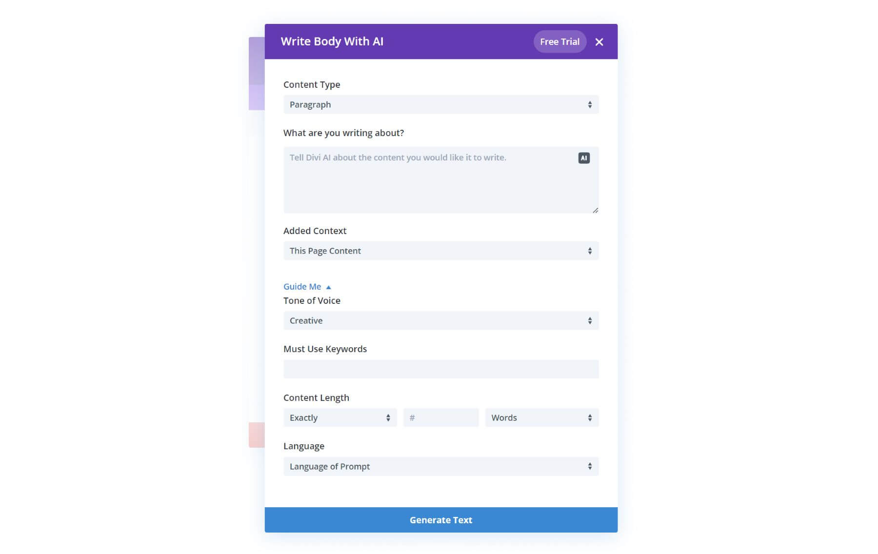 Divi AI Content Writer Options