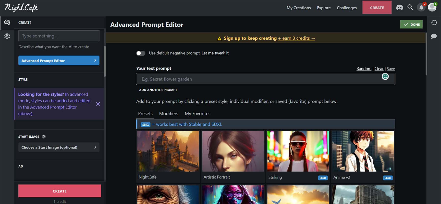 NightCafe's advanced prompt editor