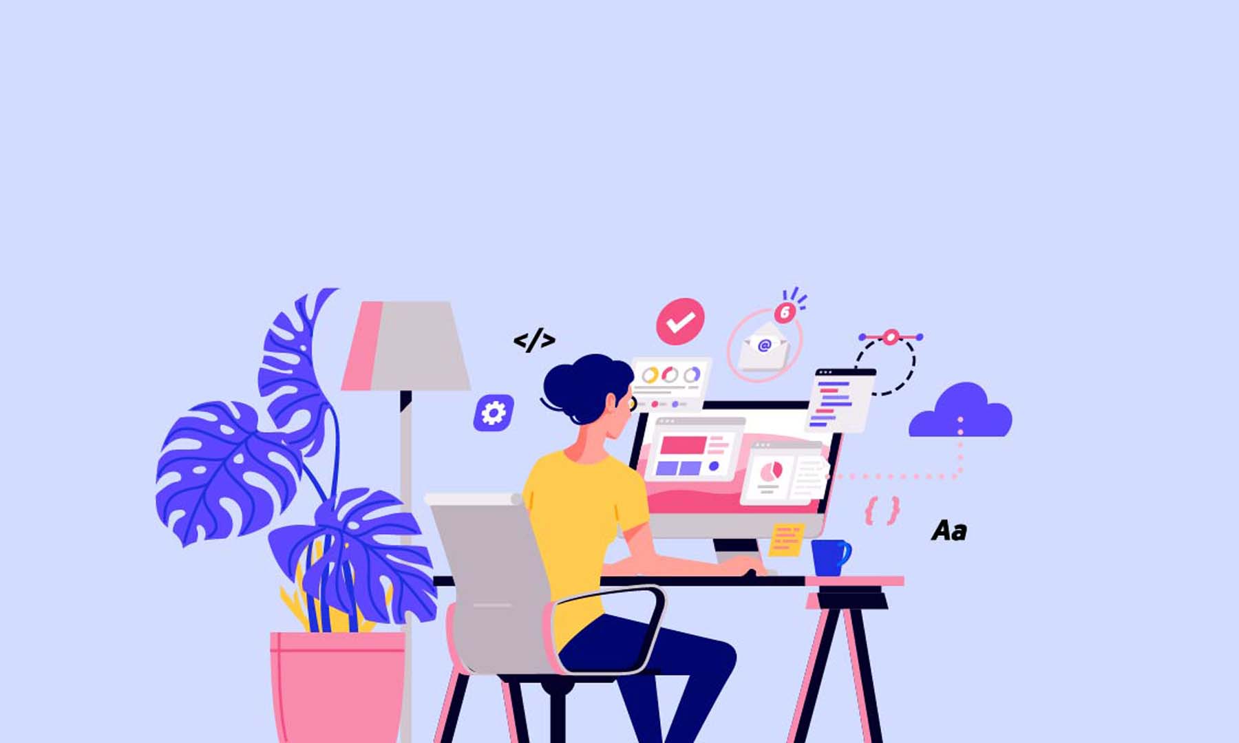 An illustration of a blogger sits at her desk and works.