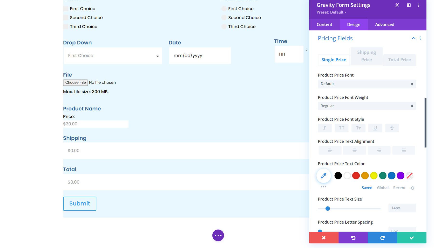 Gravity Forms Styler Module for Divi Pricing Fields