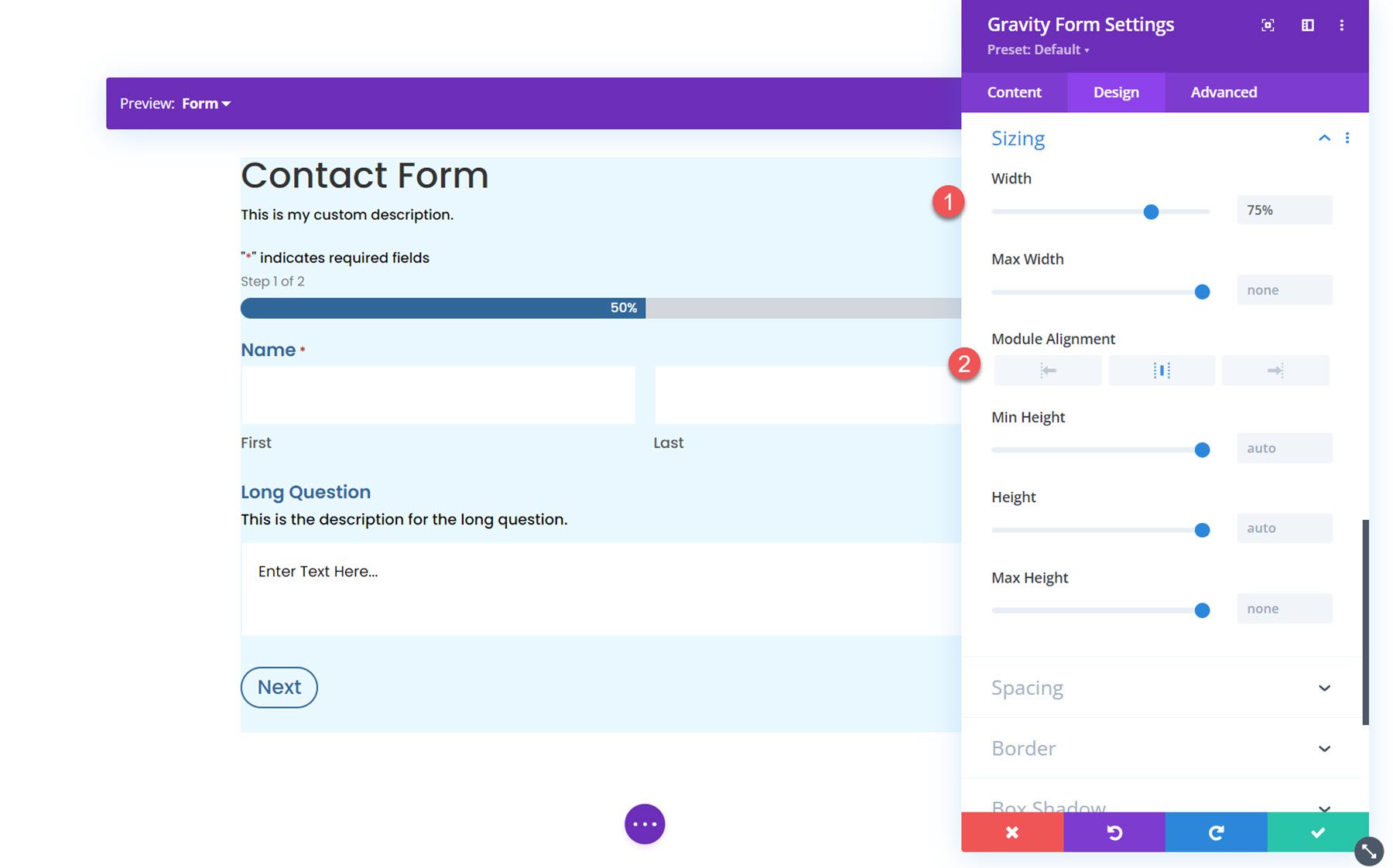 Gravity Forms Styler Module for Divi Sizing