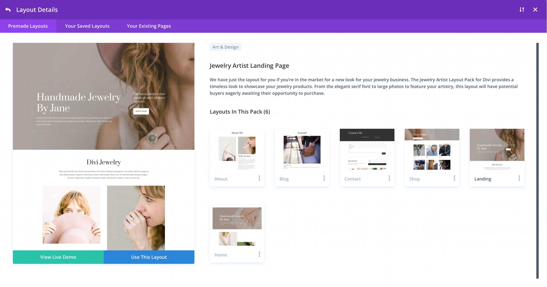 Jewelry Artist Layout Pack for Divi