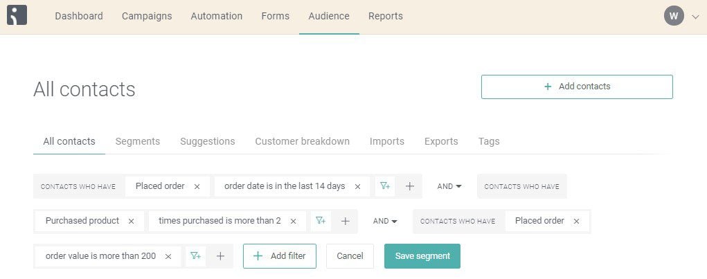 Omnisend Segmentation Options