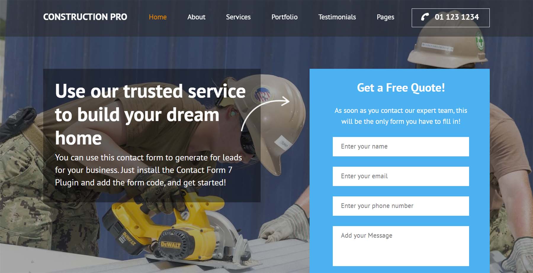 Contruction Landing Page Pro and free quote form on homepage