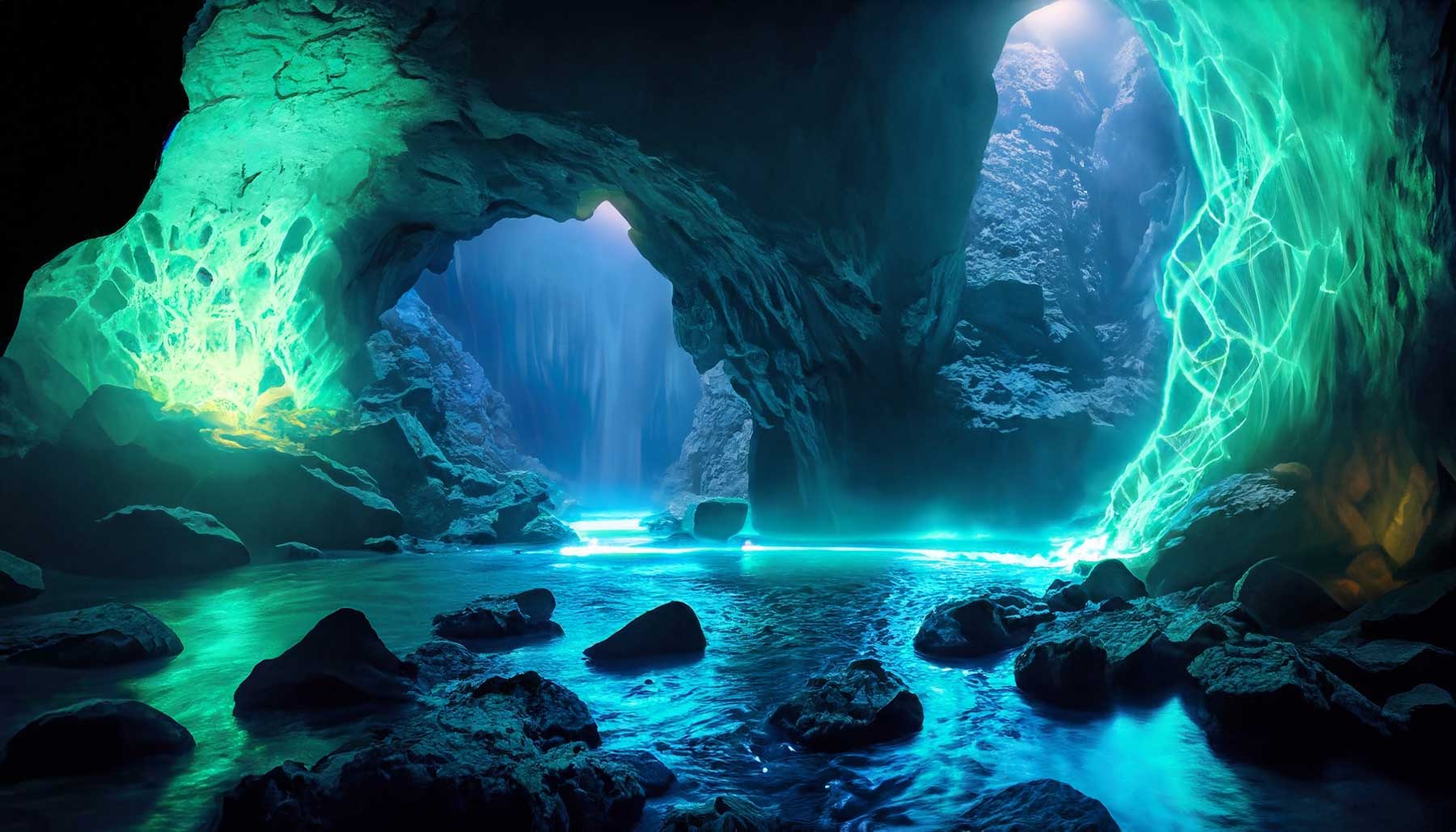 glowing river in a cave